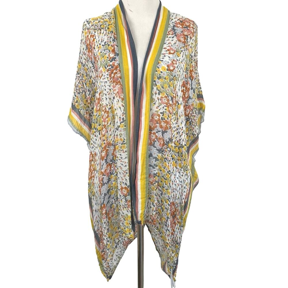 LOFT Floral Stripe Kimono - Yellow, Rust, Green, White